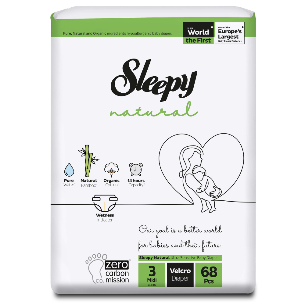 Scutece chilotel pentru bebelusi Double Jumbo Natural, Nr 3 Midi, 4-9 kg, 68 bucati, Sleepy