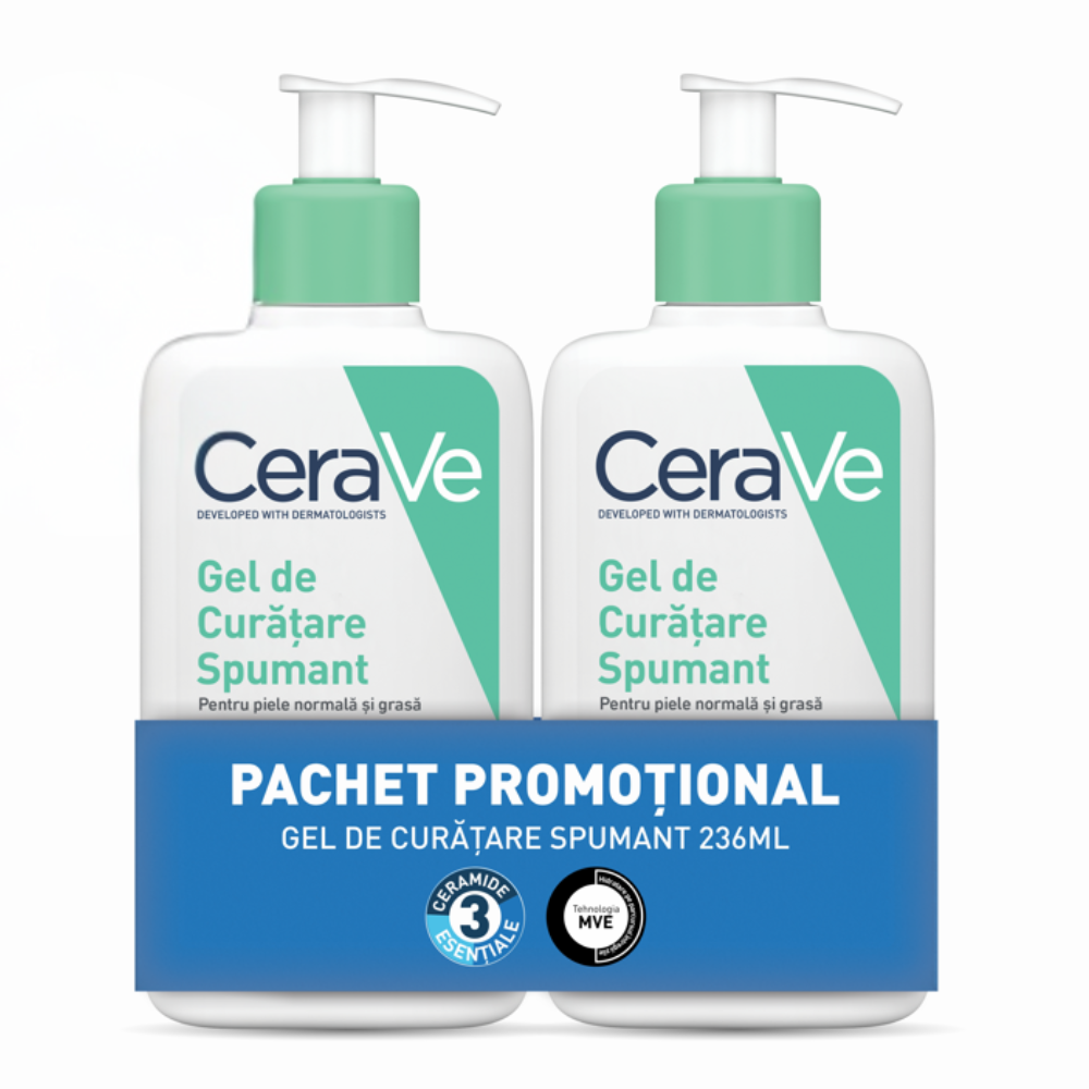 Pachet Gel de curatare spumant pentru pielea normala si grasa, 2x236 ml, CeraVe