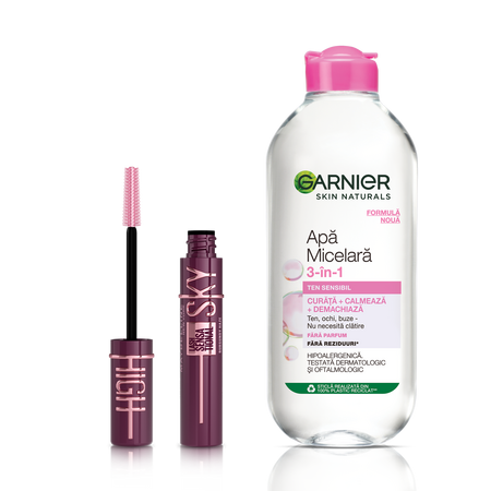 Pachet Apa Micelara Garnier Skin Naturals +  Mascara Maybelline New York Lash Sensational Sky High, Burgundy Haze, 400 ml + 7.2 ml, loreal 665574