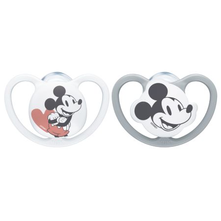 Set 2 suzete cu tetina din silicon Disney Space, 0-6 luni, Mickey Mouse, Gri&Roz sau Gri&Alb, Nuk 666210