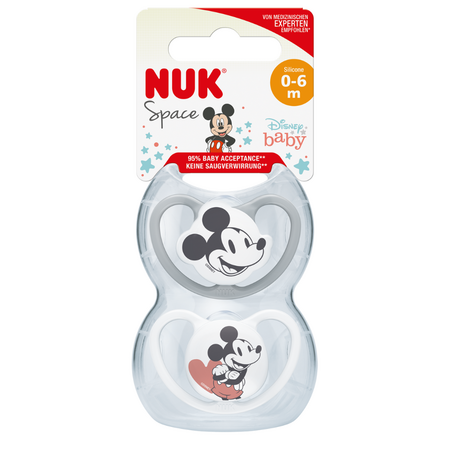 Set 2 suzete cu tetina din silicon Disney Space, 0-6 luni, Mickey Mouse, Gri&Roz sau Gri&Alb, Nuk 666209