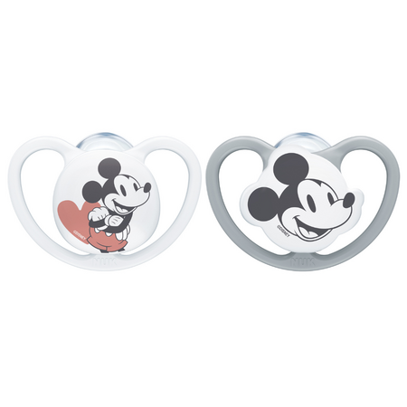 Set 2 suzete cu tetina din silicon Disney Space, 18-36 luni, Mickey Mouse, Gri&Roz sau Gri&Alb, Nuk 666218
