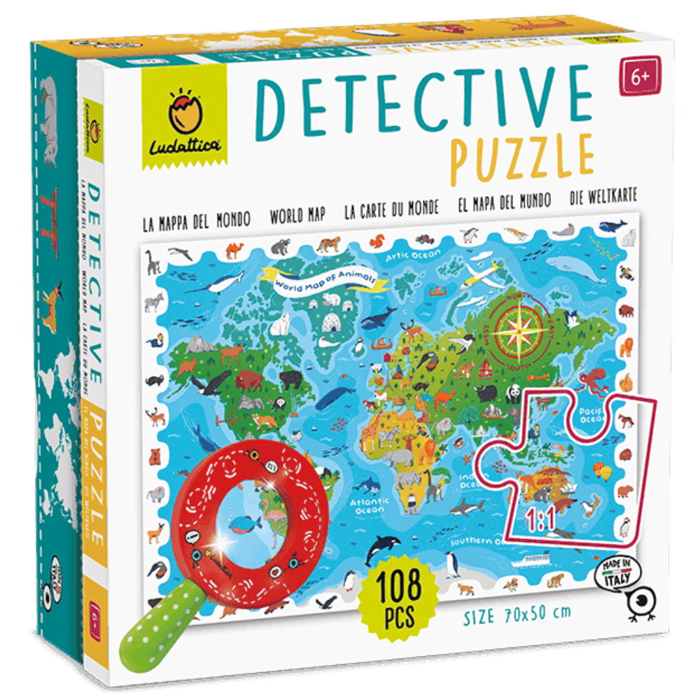 Puzzle Harta animalelor Detective, +6 ani, 108 piese, Ludattica