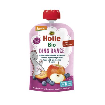 Piure Bio de mere cu afine si prune Dino Dance, +6 luni, 100 g, Holle Baby