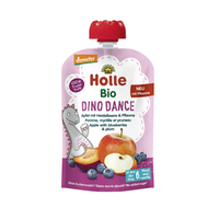 Piure Bio de mere cu afine si prune, Dino Dance, 6 luni+, 100 g, Holle Baby