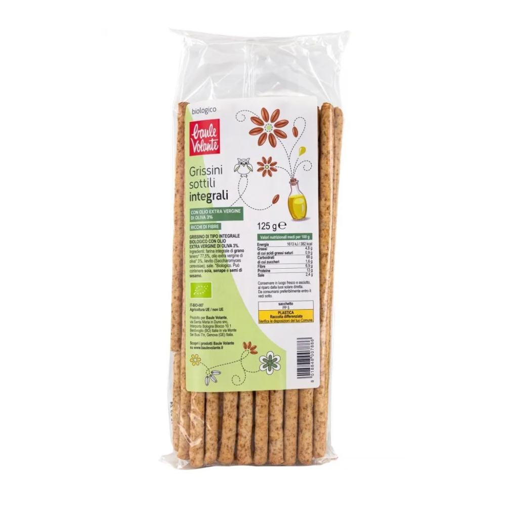 Grisine bio integrale subtiri cu ulei de masline, 125 g, Baule Volante