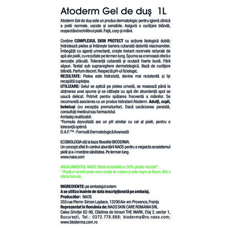 Gel de dus pentru piele uscata, sensibila si atopica Atoderm, 1000 ml, Bioderma 818280
