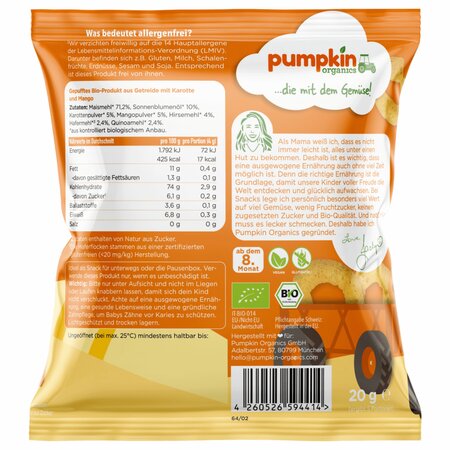Snack BIO inele din multicereale cu morcov si mango, +8 luni, 20 g, Pumpkin Organics 671095