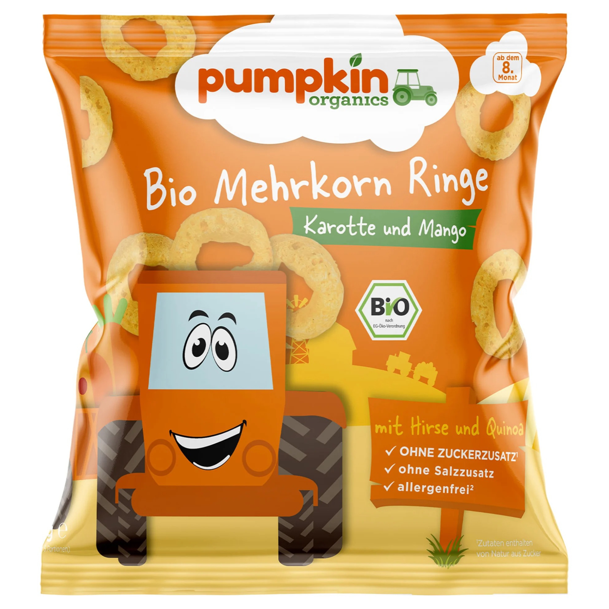 Snack BIO inele din multicereale cu morcov si mango, +8 luni, 20 g, Pumpkin Organics