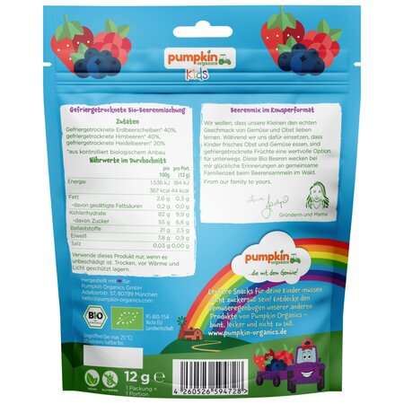 Chipsuri Bio mix fructe de padure, 3 ani+, 12 g, Pumpkin Organics 671130