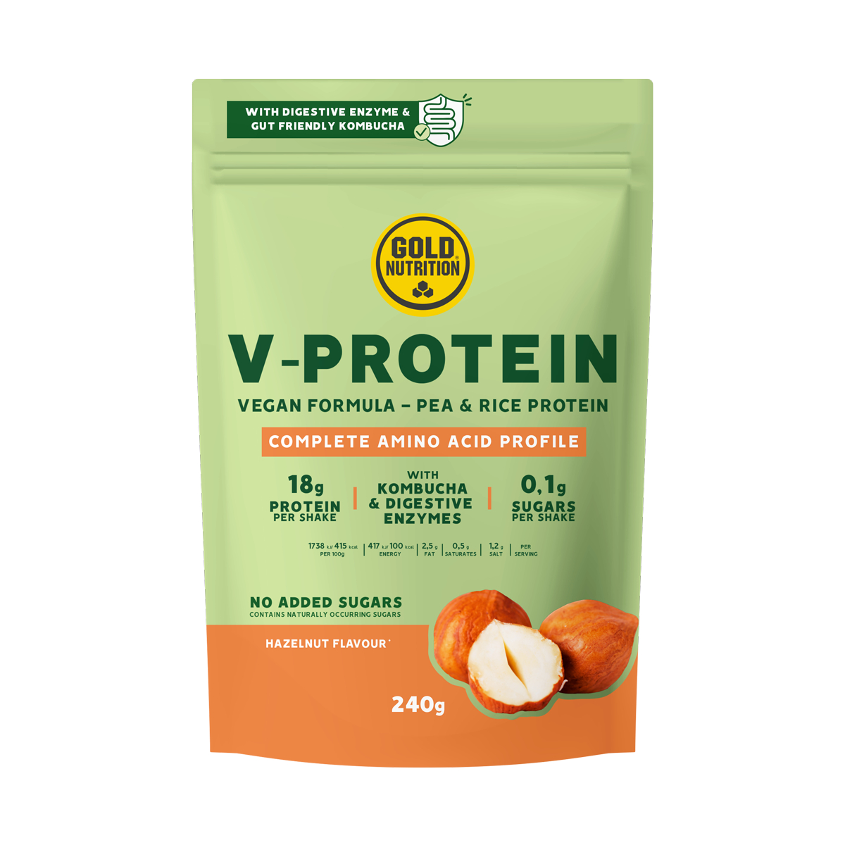 Pudra Proteica Vegetala V-Protein, 240 g,  Alune de padure, Gold Nutrition