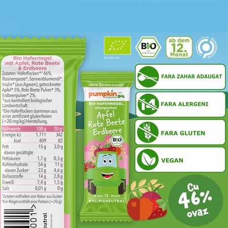 Baton Bio din ovaz cu mar, sfecla rosie si capsuni, +12 luni, 20 g, Pumpkin Organics 671280