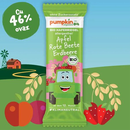 Baton Bio din ovaz cu mar, sfecla rosie si capsuni, +12 luni, 20 g, Pumpkin Organics 671279