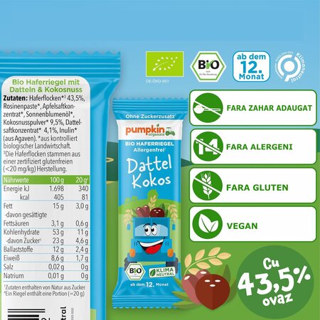 Baton Bio din ovaz, curmale si cocos, +12 luni, 20 g, Pumpkin Organics 671296