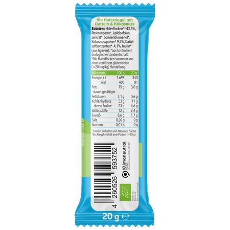 Baton Bio din ovaz, curmale si cocos, +12 luni, 20 g, Pumpkin Organics 671294