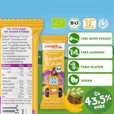 Baton Bio din ovaz cu banana si cacao, +12 luni, 20 g 671375