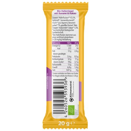 Baton Bio din ovaz cu banana si cacao, +12 luni, 20 g 671373