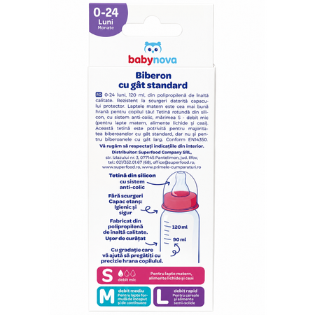 Biberon tetina cu sistem anti-colic, Albastru/Roz, 0-24 luni, 120 ml, Babynova 797017