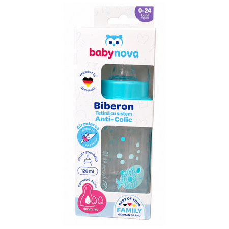 Biberon tetina cu sistem anti-colic, Albastru/Roz, 0-24 luni, 120 ml, Babynova