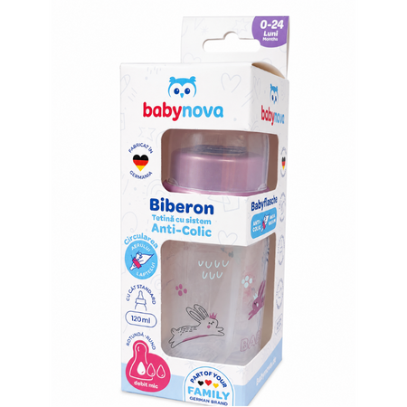Biberon tetina cu sistem anti-colic, Albastru/Roz, 0-24 luni, 120 ml, Babynova 796828