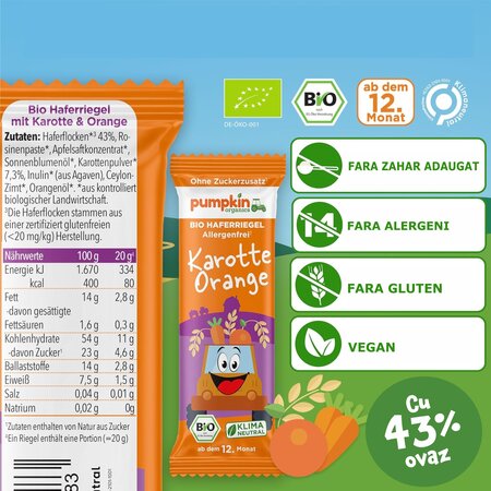 Baton Bio din ovaz cu morcov si portocala, +12 luni, 20 g, Pumpkin Organics 671406