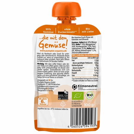 Piure Bio de mango, morcov, pastarnac si ovaz, +6 luni, 100 g, Pumpkin Organics 671413