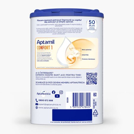 Lapte praf Aptamil Confort 1, 0-6 luni, 800 g, Nutricia 672010