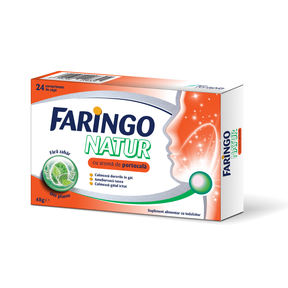 Faringo Natur cu aroma de portocale, 24 comprimate, Terapia