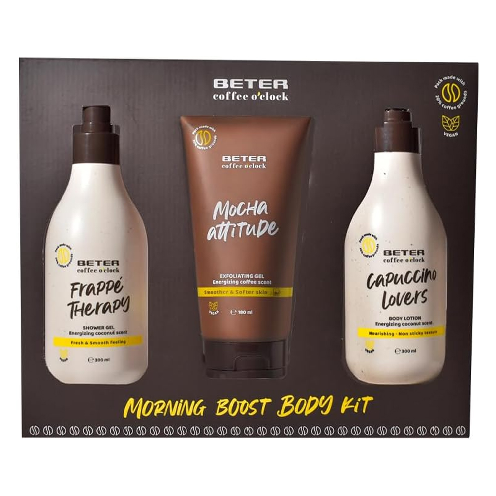 Pachet Mornig Boost Gel de dus 300ml + Lotiune de corp 300ml + Scrub de Corp 180 ml Coffe O'Clock, Beter