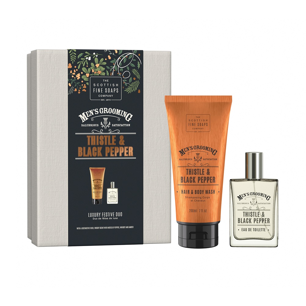 Set duo pentru barbati, Gel de corp si par 200 ml + Apa de Toaleta50 ml Thistle & Black Pepper, Scottish Fine Soaps