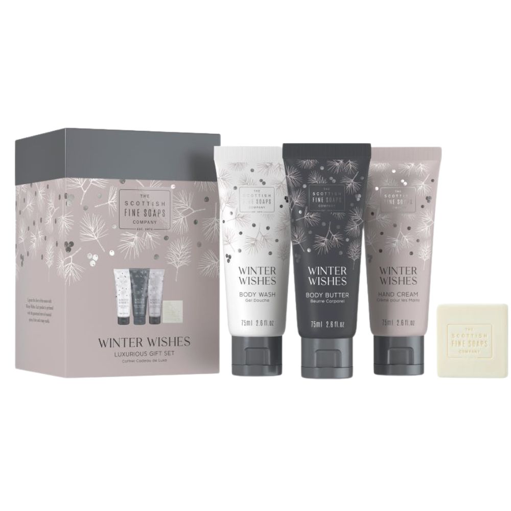 Set pentru ingrijirea corpului, Gel de dus 75 ml + unt de corp 75 ml + Crema de maini 75 ml + Sapun 40 ml Winter Wishes, Scottish Fine Soaps