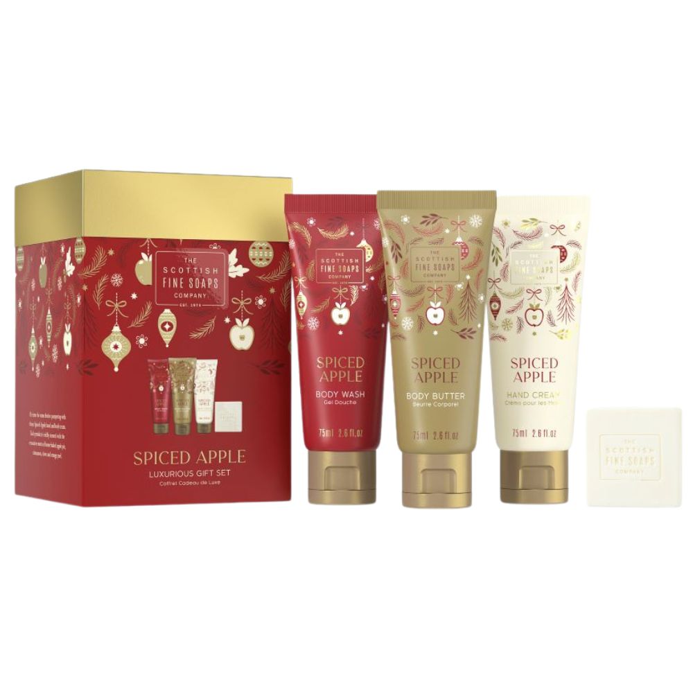 Set pentru ingrijirea corpului, Gel de dus 75 ml + Unt de corp 75 ml + Crema de maini 75 ml + Sapun 40 ml Spiced Apple, Scottish Fine Soaps