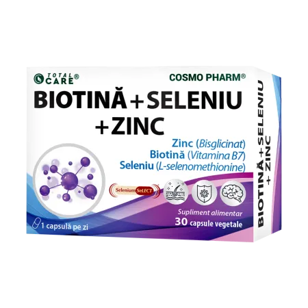 Biotina + Seleniu + Zinc, 30 capsule vegetale, Cosmopharm