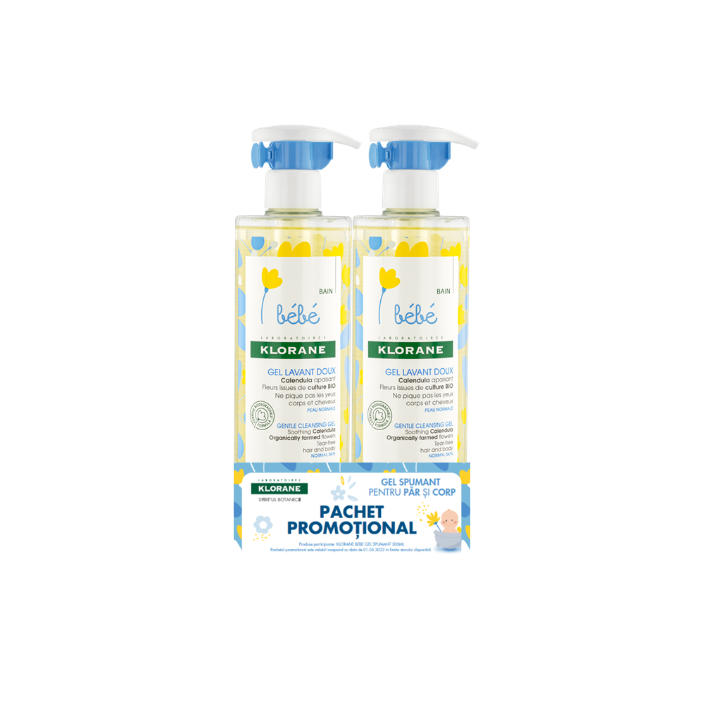 Pachet Gel spumant pentru curatare delicata, 2x 500 ml, Klorane Bebe