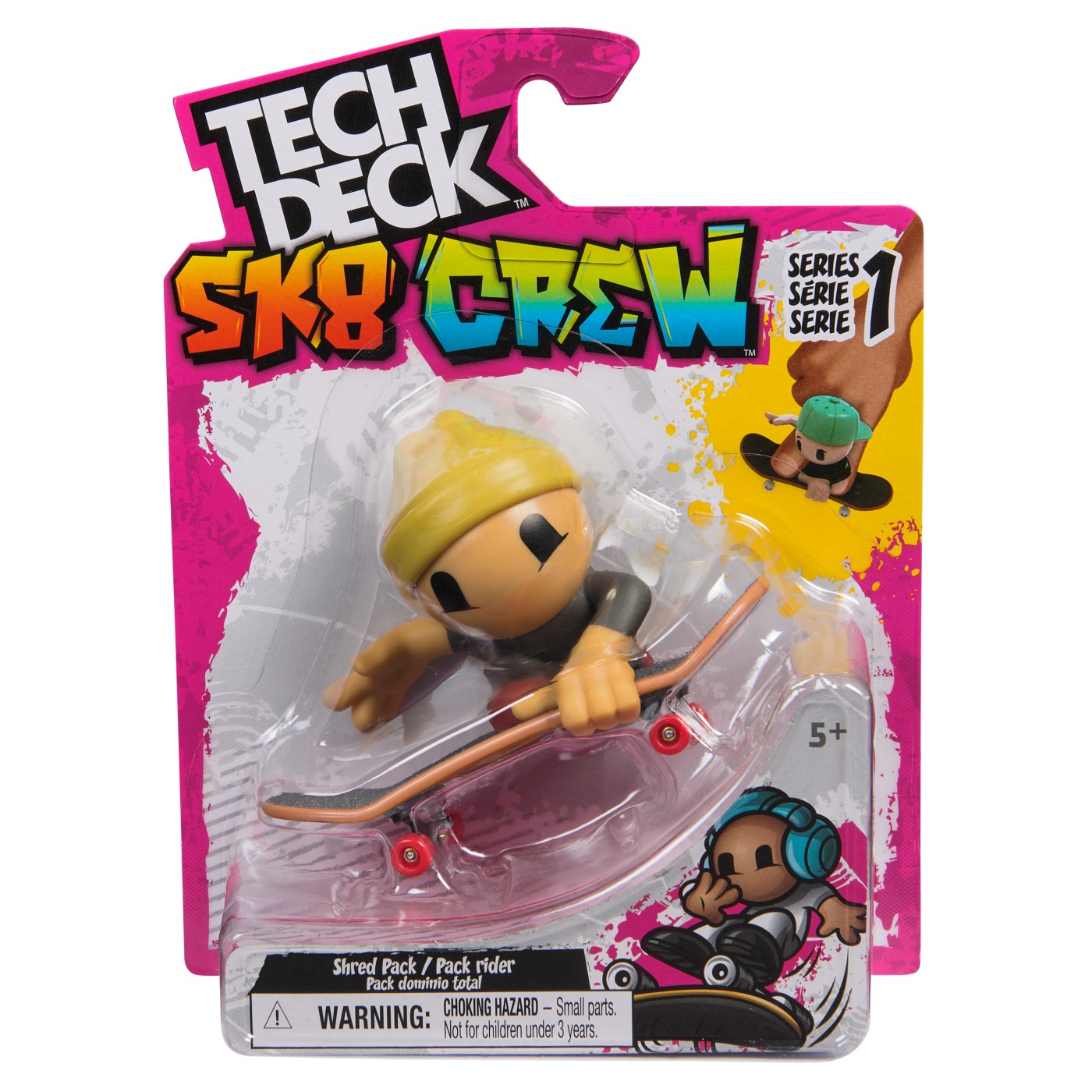 Pachet Mini Skateboard si figurina cu casca galbena Sk8 Crew, 9.6 cm, 5 ani+, Tech Dech