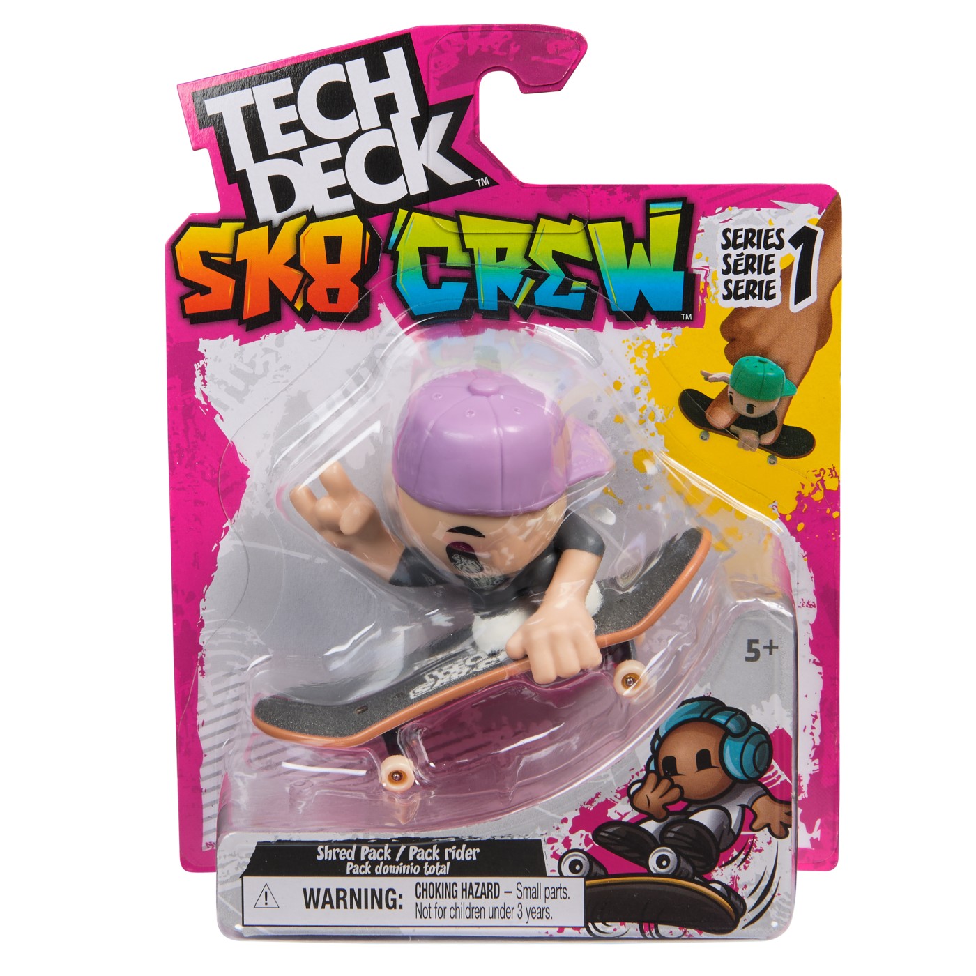 Pachet Mini Skateboard si figurina cu sapca mov Sk8 Crew, 9.6 cm, 5 ani+, Tech Dech