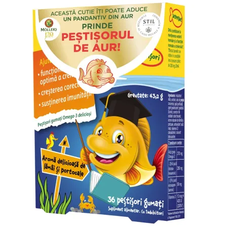 Pestisori gumati cu Omega 3 si aroma de lamai si portocale, 36 jeleuri, Moller's