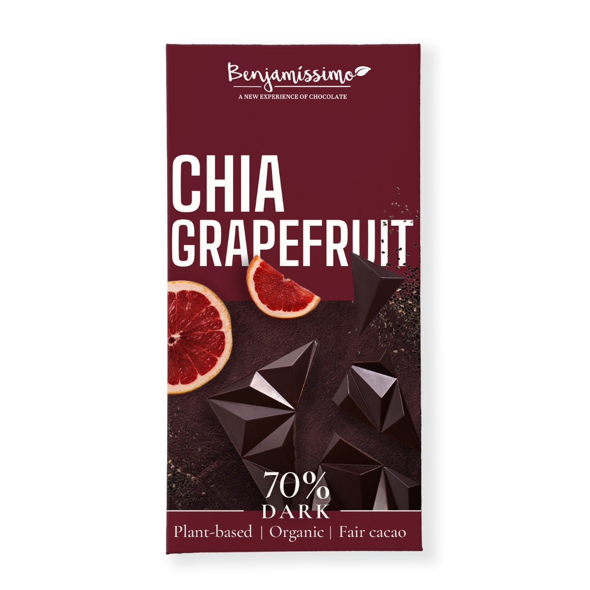 Ciocolata neagra 70% cu Chia si Grapefruit Bio, 60 g, Benjamissimo