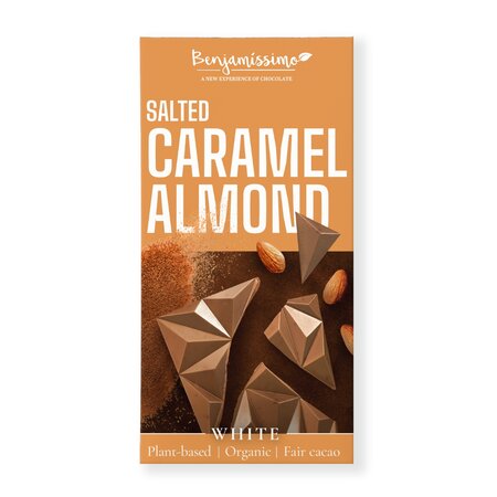 Ciocolata Bio alba cu migdale si caramel sarat, 60 g, Benjamissimo