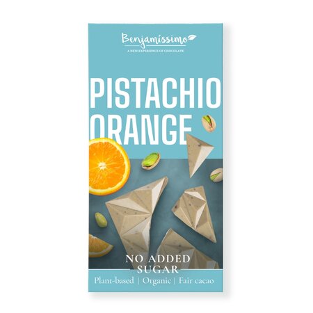 Ciocolata Bio alba cu fistic si portocala, 60 g, Benjamissimo