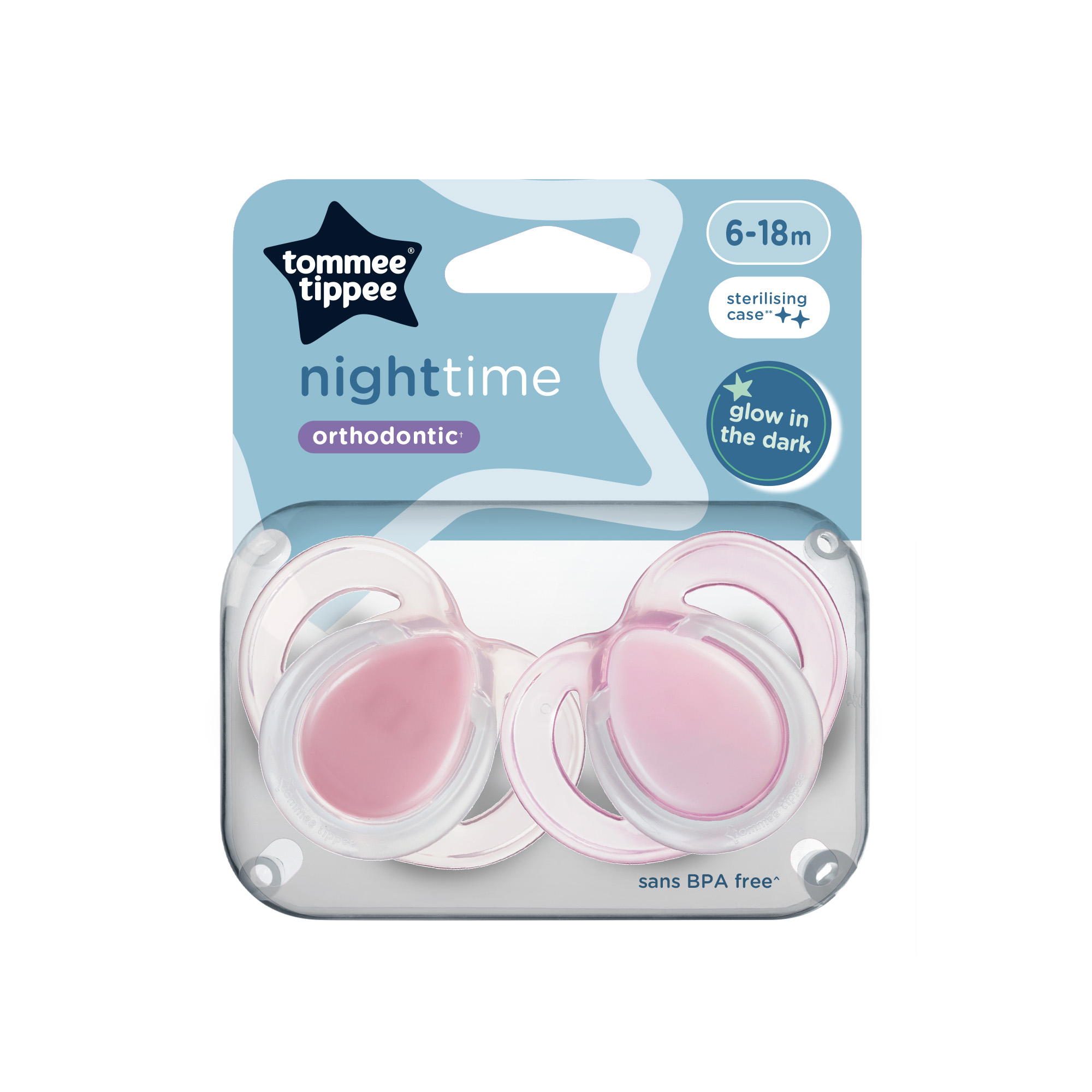 Suzete ortodontice Night Time, 6-18 luni, 2 bucati, Roz, Tommee Tippee