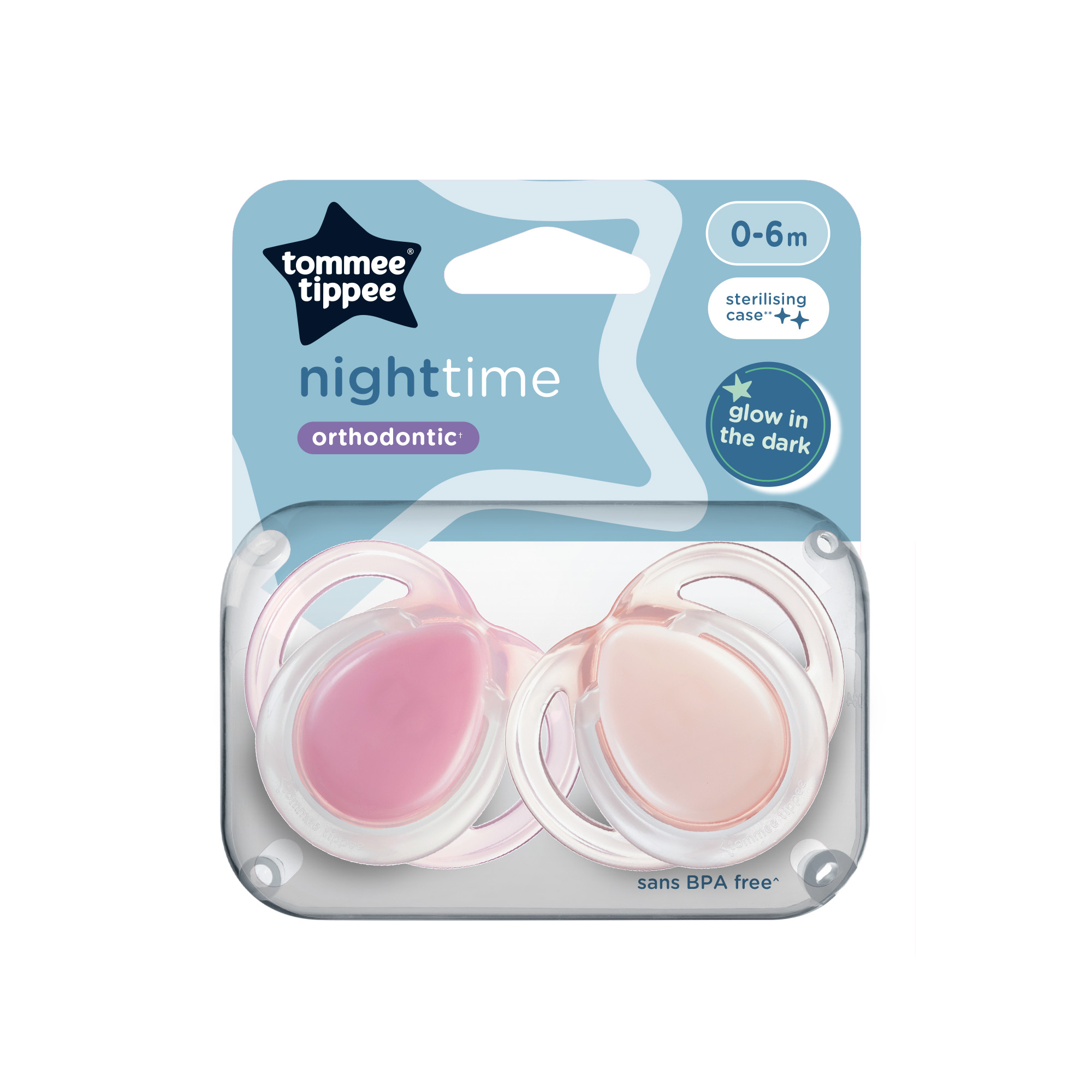 Suzete ortodontice Night Time, 0-6 luni, 2 bucati, Roz, Tommee Tippee