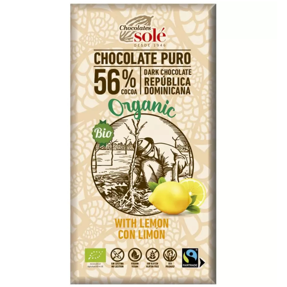 Ciocolata neagra Bio cu 56% cacao si lamaie, 100 g, Sole