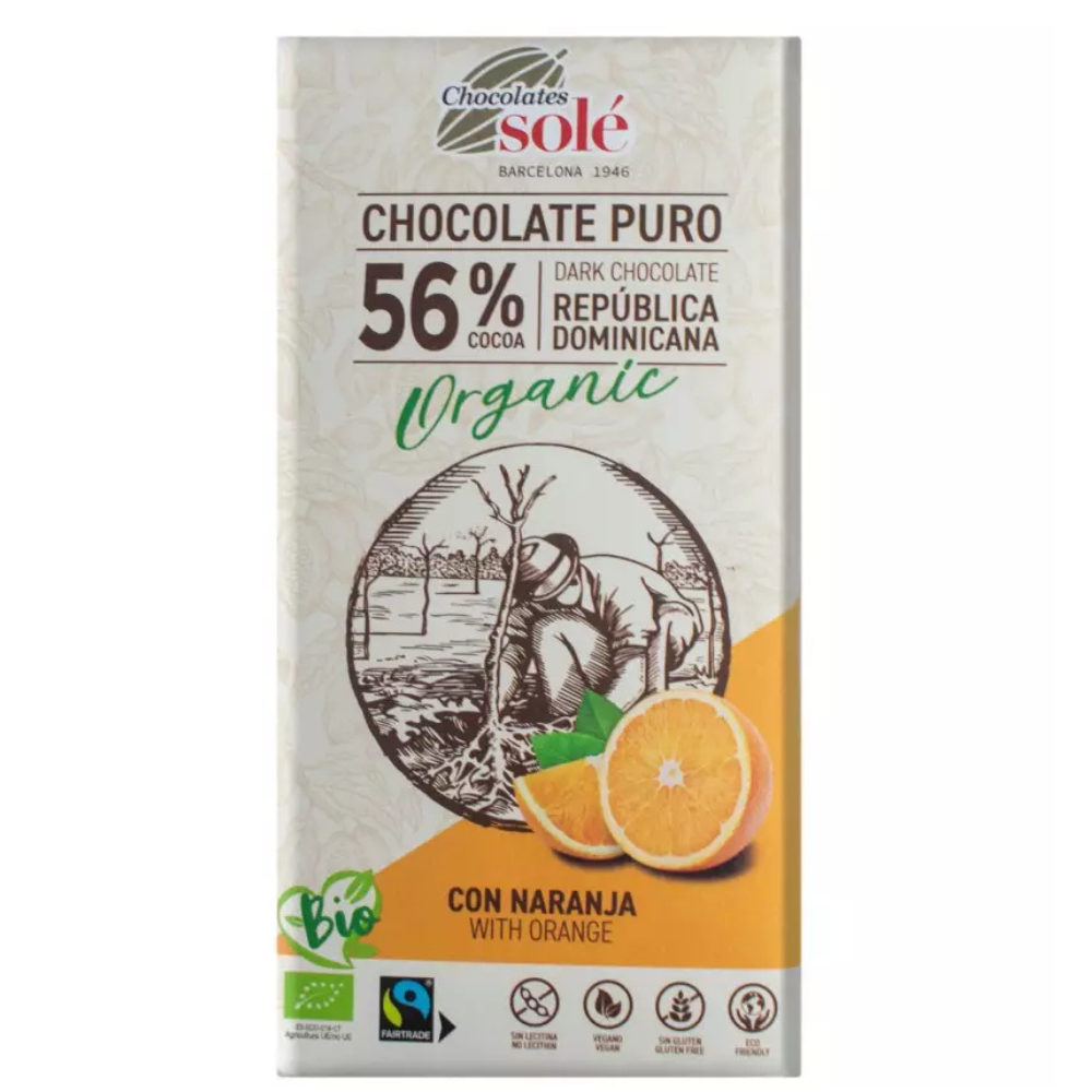 Ciocolata neagra Bio cu 56% cacao si portocale, 100 g, Sole