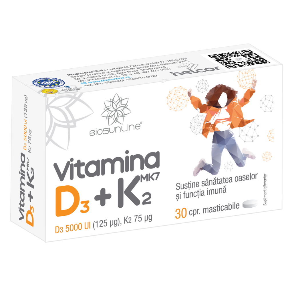 Vitamina D3 5000 UI+ K2, 30 comprimate masticabile, BioSunLine