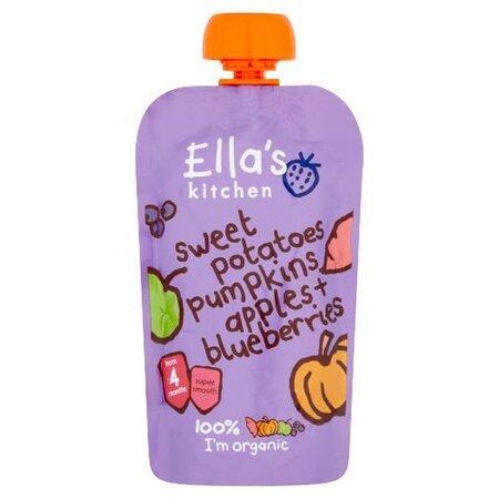 Piure Bio cu cartofi dulci, dovleac, mere si afine, + 4 luni, 120 g, Ella's Kitchen