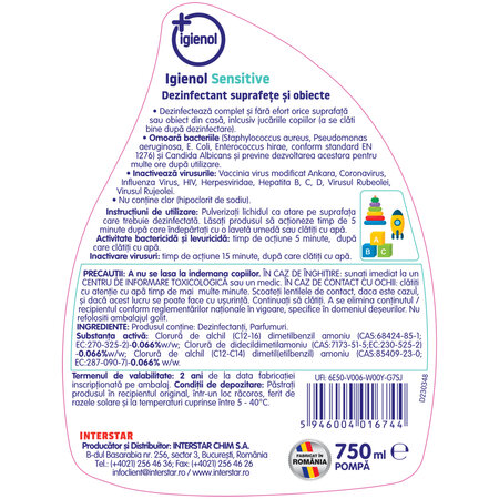Dezinfectant suprafete si obiecte Sensitive, 750 ml, Igienol 676843