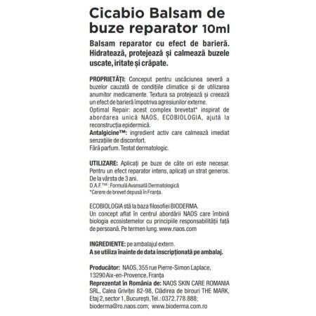 Balsam de buze reparator Cicabio, 10 ml, Bioderma 677176