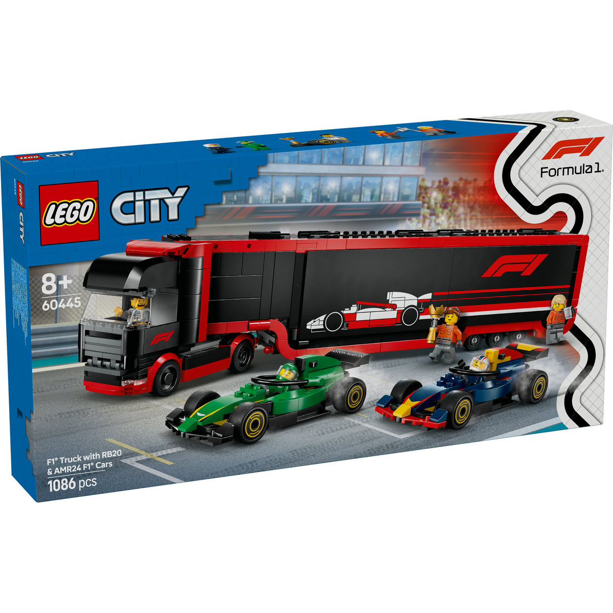 Camion F1 cu masinile F1 RB20 si AMR24 City, 60445, + 8 ani, Lego