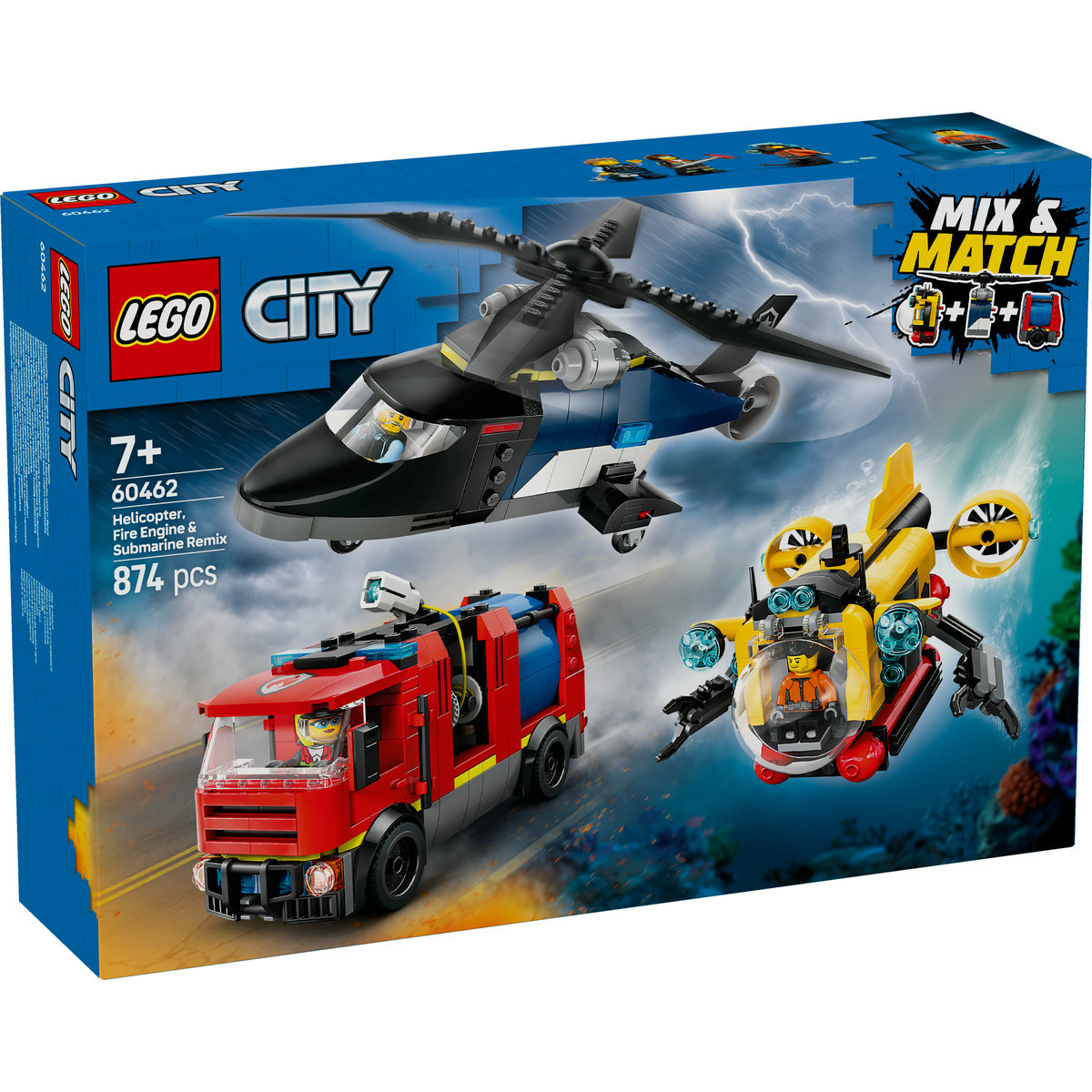 Elicopter, autospeciala de pompieri si submarin remixate, 60462, + 7 ani, Lego